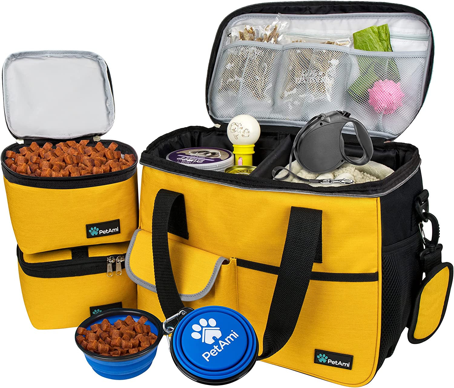 Dog Travel Bag | Airline Approved Tote Organizer with Multi-Function Pockets, Food Container Bag and Collapsible Bowl | Perfect Weekend Pet Travel Set for Dog, Cat (Yellow, Small)
