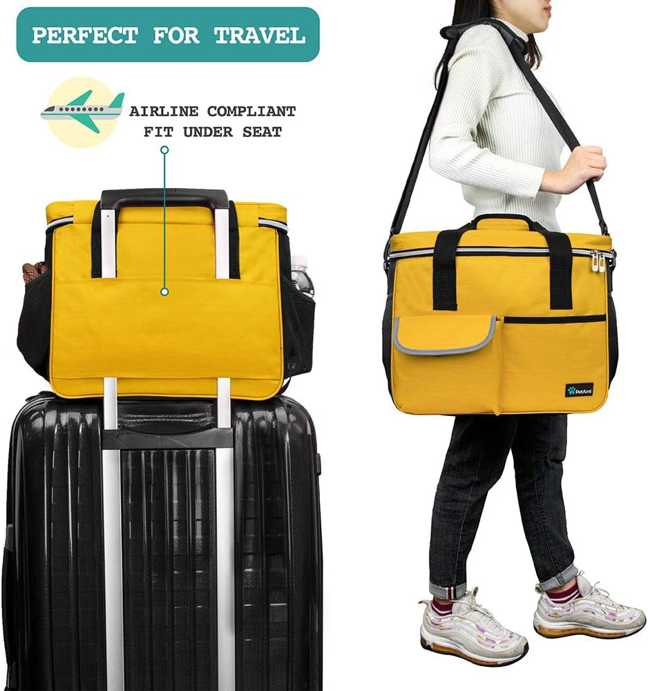 Dog Travel Bag | Airline Approved Tote Organizer with Multi-Function Pockets, Food Container Bag and Collapsible Bowl | Perfect Weekend Pet Travel Set for Dog, Cat (Yellow, Small)