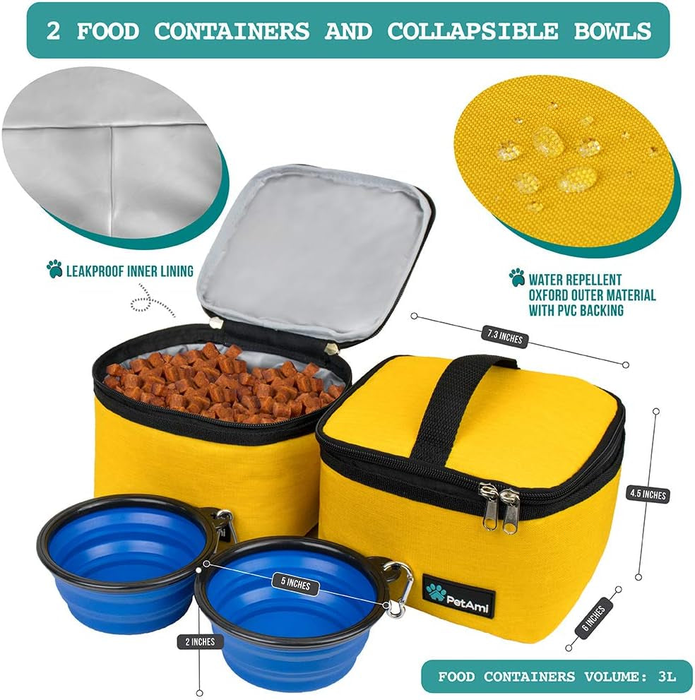 Dog Travel Bag | Airline Approved Tote Organizer with Multi-Function Pockets, Food Container Bag and Collapsible Bowl | Perfect Weekend Pet Travel Set for Dog, Cat (Yellow, Small)