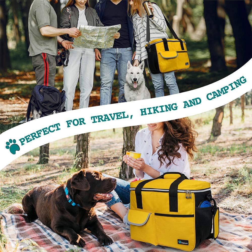Dog Travel Bag | Airline Approved Tote Organizer with Multi-Function Pockets, Food Container Bag and Collapsible Bowl | Perfect Weekend Pet Travel Set for Dog, Cat (Yellow, Small)