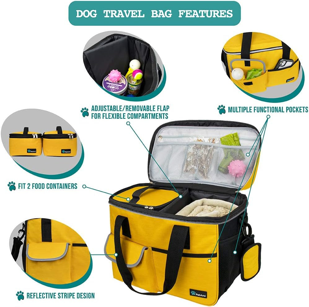 Dog Travel Bag | Airline Approved Tote Organizer with Multi-Function Pockets, Food Container Bag and Collapsible Bowl | Perfect Weekend Pet Travel Set for Dog, Cat (Yellow, Small)