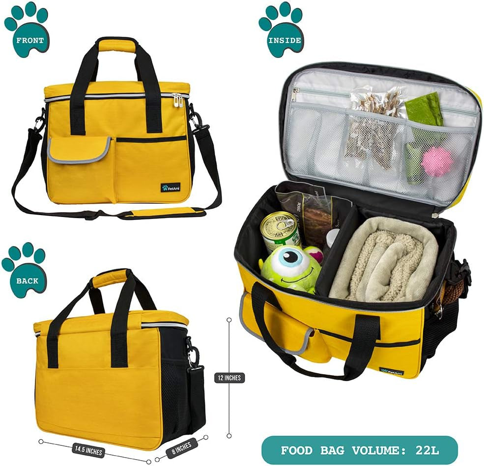 Dog Travel Bag | Airline Approved Tote Organizer with Multi-Function Pockets, Food Container Bag and Collapsible Bowl | Perfect Weekend Pet Travel Set for Dog, Cat (Yellow, Small)