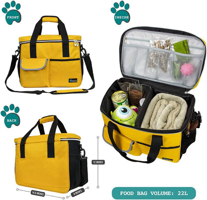 Dog Travel Bag | Airline Approved Tote Organizer with Multi-Function Pockets, Food Container Bag and Collapsible Bowl | Perfect Weekend Pet Travel Set for Dog, Cat (Yellow, Small)